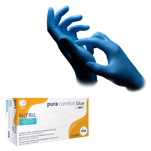 Guantes de nitrilo Pura Comfort Blue – 100 ud – resistentes | EPI cat. III PS clase I